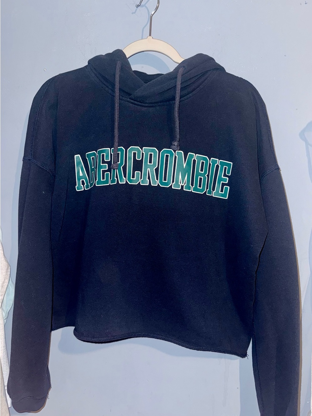 A Abercrombie & Fitch Cropped Hoodie Navy Blue Logo Size Small